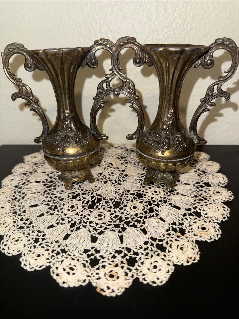 Vintage ornate brass foot bud vases embossed floral scroll handles Made in Italy
